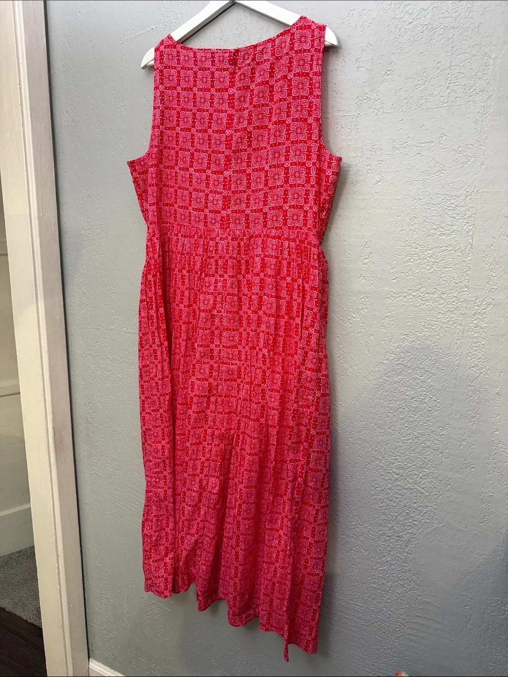 J. CREW Dress Smocked Boatneck Midi Cerise Lotus Bloom Pockets 100% Cotton XL
